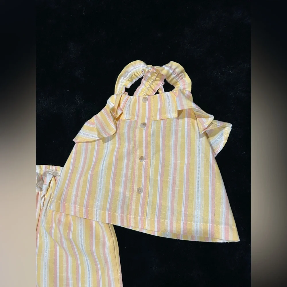 Btween Girls Two Piece Outfit Yellow Pink Stripe Ruffle Top Pants Size 4 - Picture 3 of 3